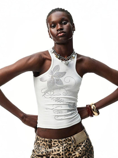 Floral Rhinestone I-Shaped American Sleeveless Tank Top【s0000012891】