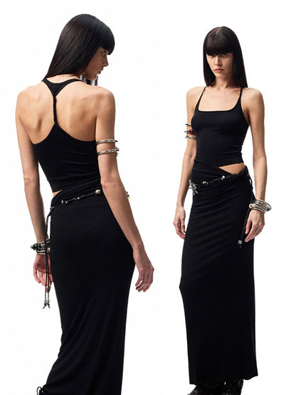 Large Round Neck -Back Knot Acetate Tank Top & Tight Waist Maxi  Skirt Set【s0000012920】