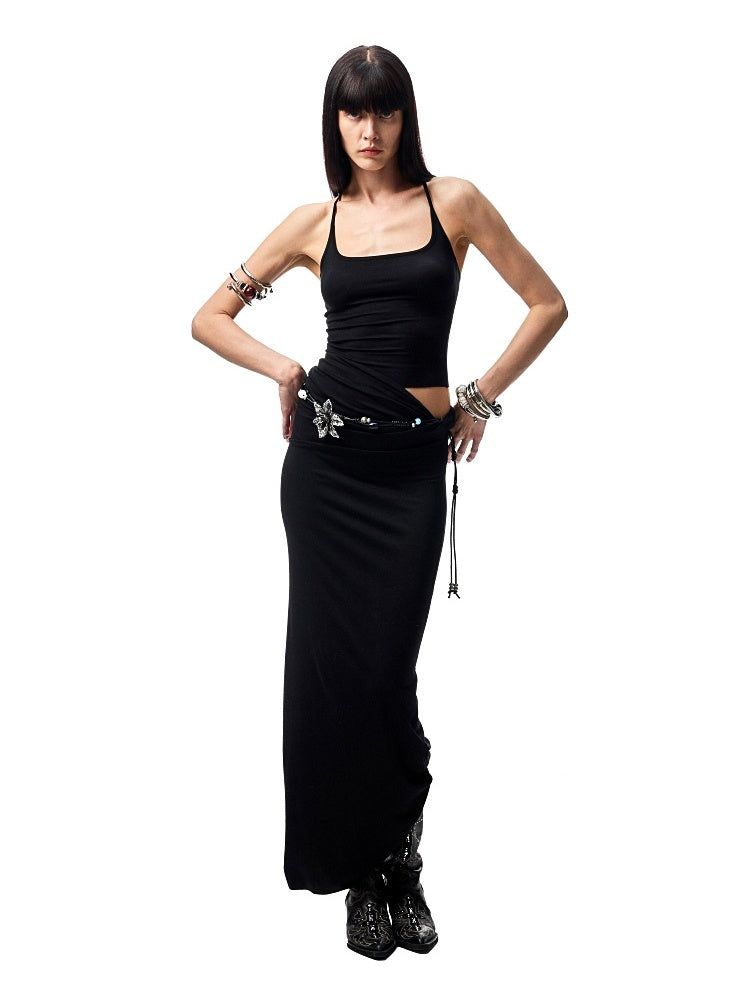 Large Round Neck -Back Knot Acetate Tank Top & Tight Waist Maxi  Skirt Set【s0000012920】