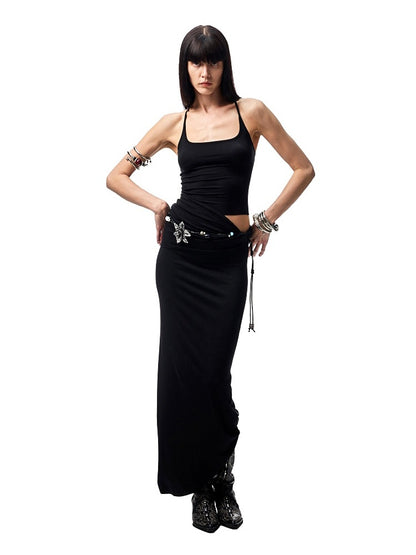 Large Round Neck -Back Knot Acetate Tank Top & Tight Waist Maxi  Skirt Set【s0000012920】