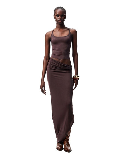 Large Round Neck -Back Knot Acetate Tank Top & Tight Waist Maxi  Skirt Set【s0000012920】