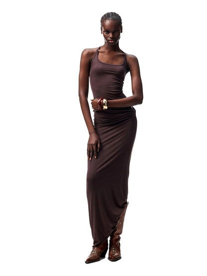 Large Round Neck -Back Knot Acetate Tank Top & Tight Waist Maxi  Skirt Set【s0000012920】