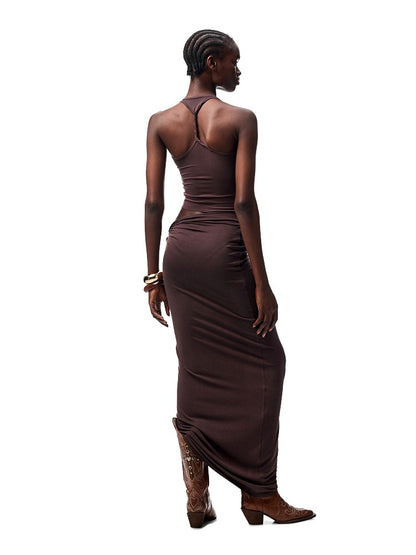 Large Round Neck -Back Knot Acetate Tank Top & Tight Waist Maxi  Skirt Set【s0000012920】