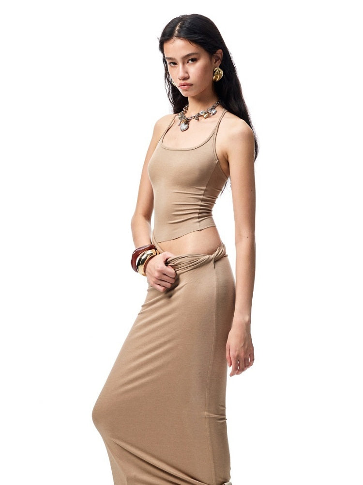 Large Round Neck -Back Knot Acetate Tank Top & Tight Waist Maxi  Skirt Set【s0000012920】
