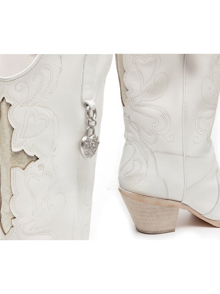 Classic V-Mouth Pointed Toe Cowhide Embroidered Mid Cylinder Western Rider Boots【s0000012921】