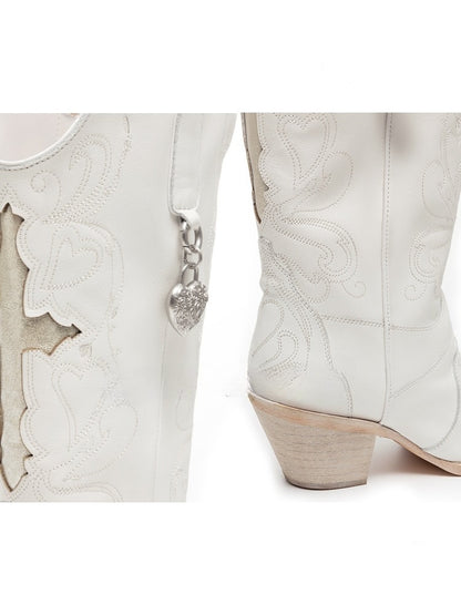 Classic V-Mouth Pointed Toe Cowhide Embroidered Mid Cylinder Western Rider Boots【s0000012921】