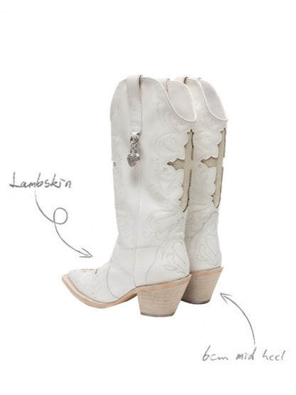 Classic V-Mouth Pointed Toe Cowhide Embroidered Mid Cylinder Western Rider Boots【s0000012921】