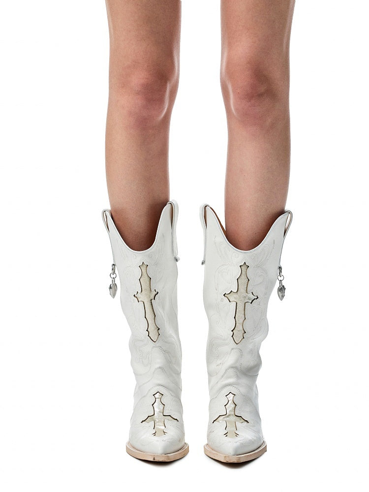 Classic V-Mouth Pointed Toe Cowhide Embroidered Mid Cylinder Western Rider Boots【s0000012921】
