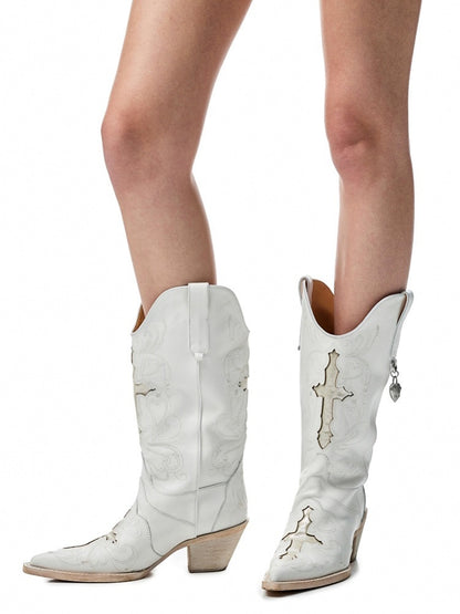 Classic V-Mouth Pointed Toe Cowhide Embroidered Mid Cylinder Western Rider Boots【s0000012921】