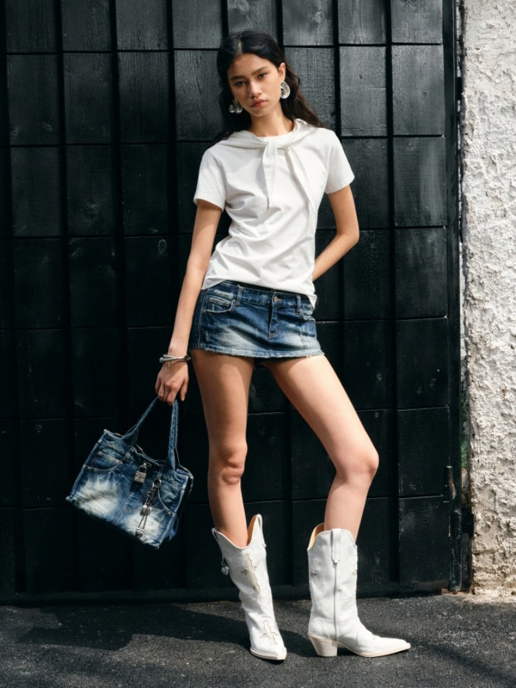 Classic V-Mouth Pointed Toe Cowhide Embroidered Mid Cylinder Western Rider Boots【s0000012921】