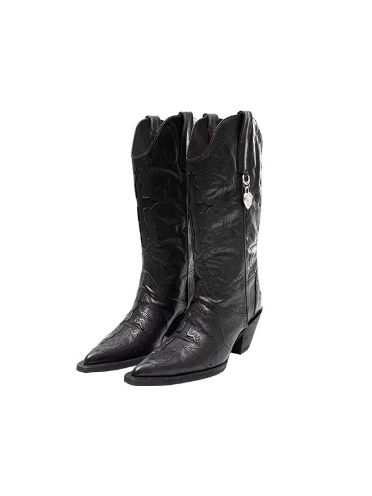 Classic V-Mouth Pointed Toe Cowhide Embroidered Mid Cylinder Western Rider Boots【s0000012921】
