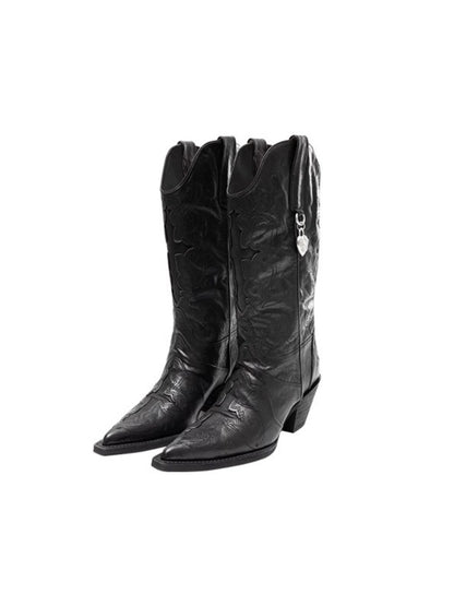 Classic V-Mouth Pointed Toe Cowhide Embroidered Mid Cylinder Western Rider Boots【s0000012921】