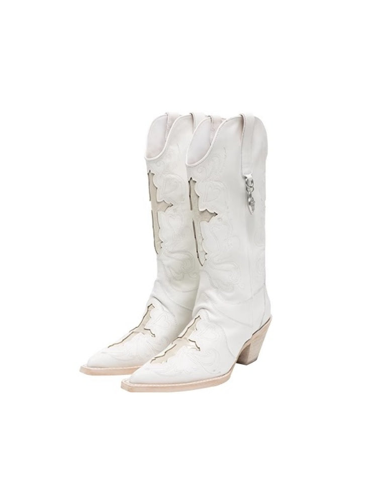Classic V-Mouth Pointed Toe Cowhide Embroidered Mid Cylinder Western Rider Boots【s0000012921】