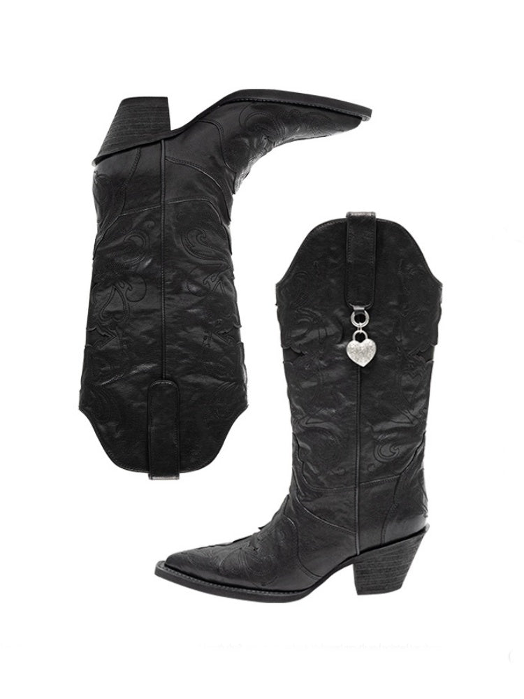 Classic V-Mouth Pointed Toe Cowhide Embroidered Mid Cylinder Western Rider Boots【s0000012921】