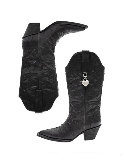 Classic V-Mouth Pointed Toe Cowhide Embroidered Mid Cylinder Western Rider Boots【s0000012921】