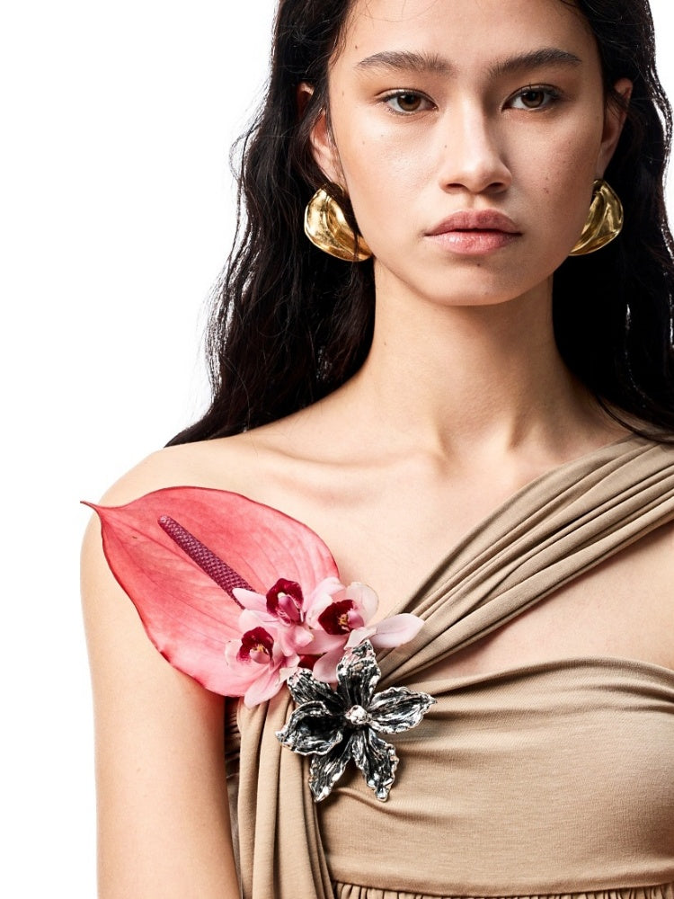 One Shoulder Knotted Bud Shaped Strapless Dress【s0000012922】