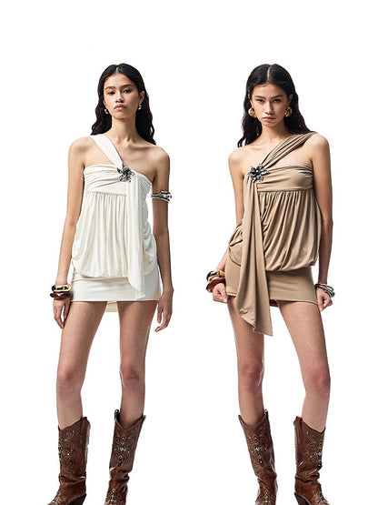 One Shoulder Knotted Bud Shaped Strapless Dress【s0000012922】