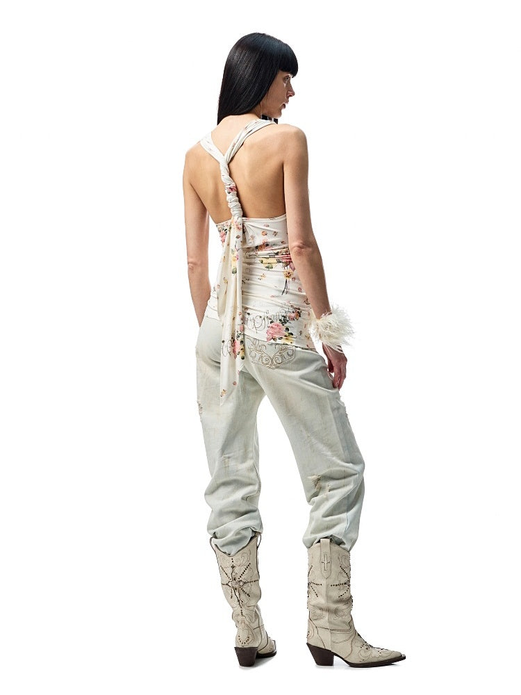 V-Neck Draped Collar Back Knot Tank Top【s0000012925】