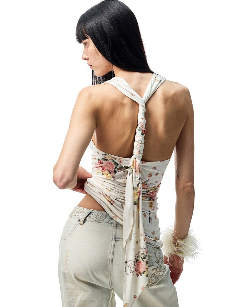 V-Neck Draped Collar Back Knot Tank Top【s0000012925】