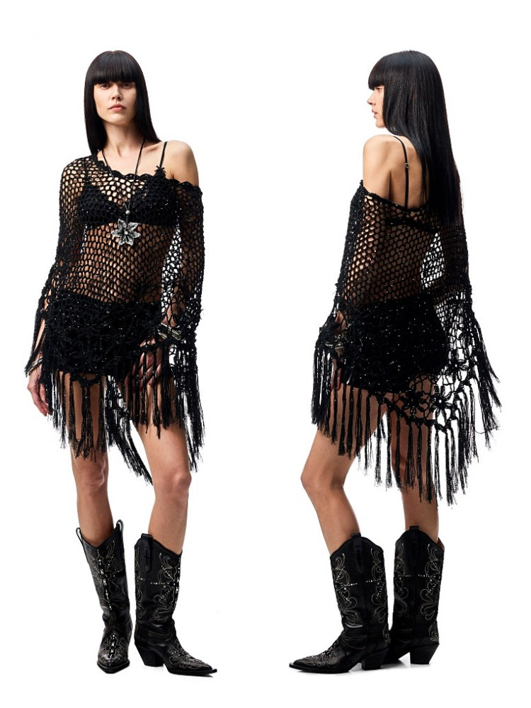 Cut Out Fringed Knitted Crochet Shawl One Piece Multi Wear Cover Up【s0000012926】
