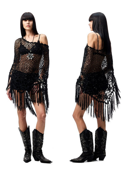 Cut Out Fringed Knitted Crochet Shawl One Piece Multi Wear Cover Up【s0000012926】