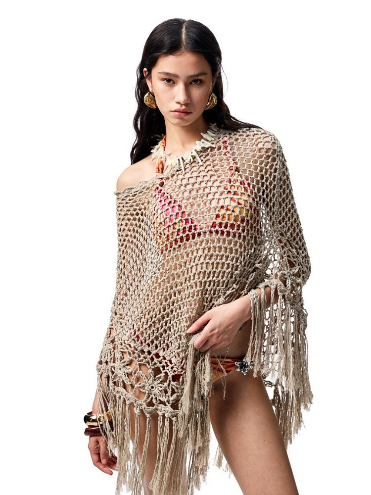 Cut Out Fringed Knitted Crochet Shawl One Piece Multi Wear Cover Up【s0000012926】