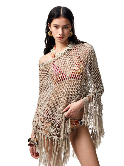 Cut Out Fringed Knitted Crochet Shawl One Piece Multi Wear Cover Up【s0000012926】