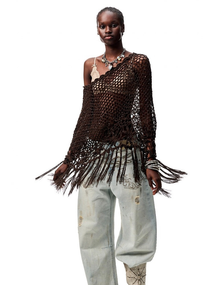 Cut Out Fringed Knitted Crochet Shawl One Piece Multi Wear Cover Up【s0000012926】