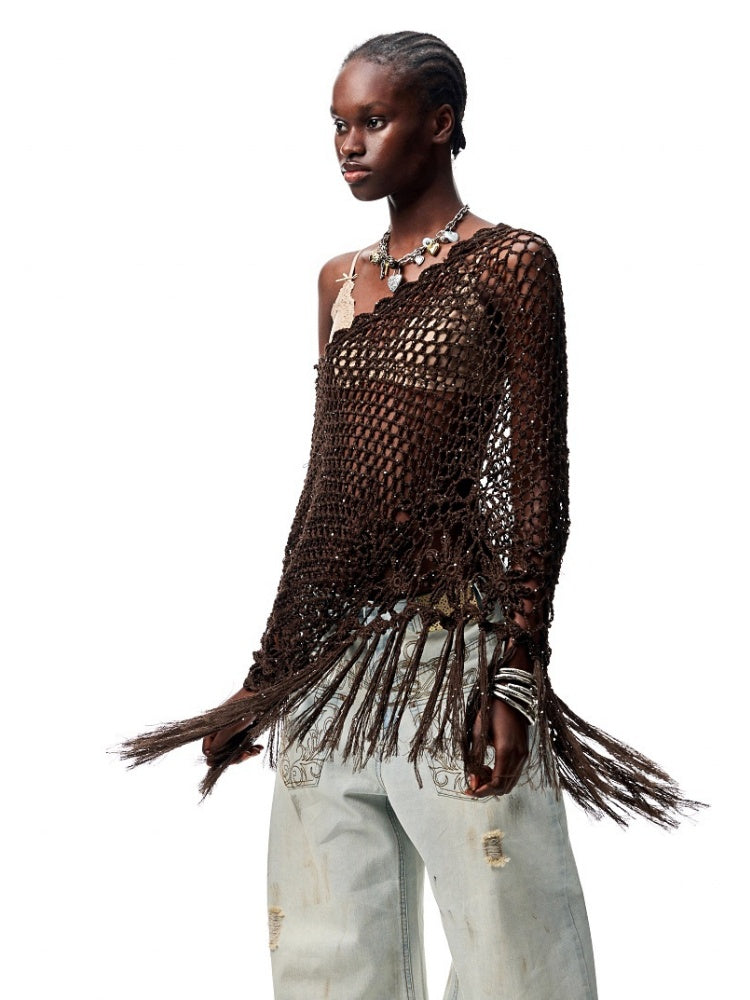 Cut Out Fringed Knitted Crochet Shawl One Piece Multi Wear Cover Up【s0000012926】