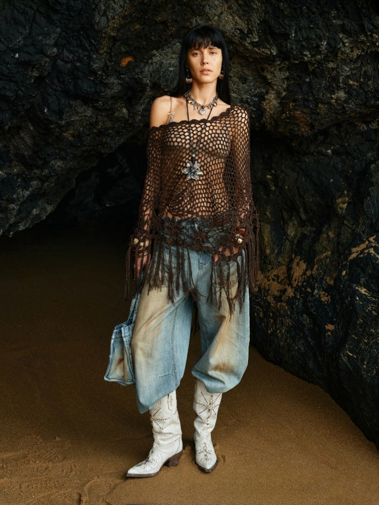 Cut Out Fringed Knitted Crochet Shawl One Piece Multi Wear Cover Up【s0000012926】