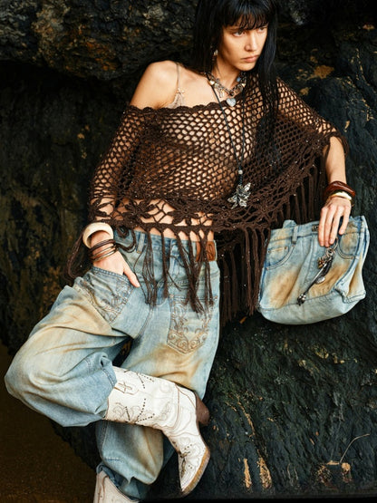 Cut Out Fringed Knitted Crochet Shawl One Piece Multi Wear Cover Up【s0000012926】