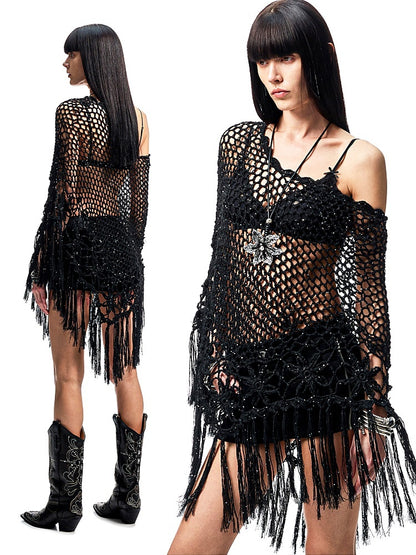 Cut Out Fringed Knitted Crochet Shawl One Piece Multi Wear Cover Up【s0000012926】
