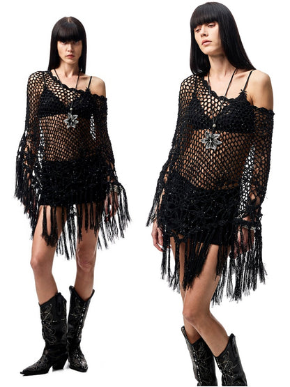 Cut Out Fringed Knitted Crochet Shawl One Piece Multi Wear Cover Up【s0000012926】