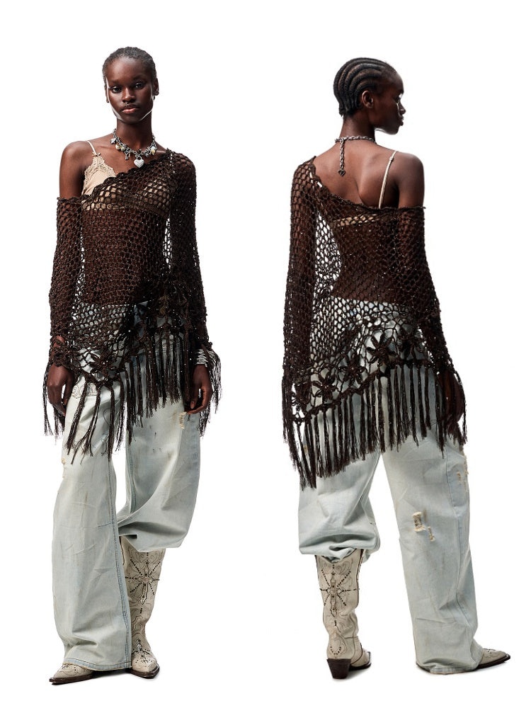Cut Out Fringed Knitted Crochet Shawl One Piece Multi Wear Cover Up【s0000012926】
