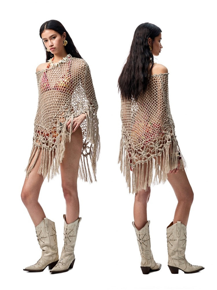 Cut Out Fringed Knitted Crochet Shawl One Piece Multi Wear Cover Up【s0000012926】