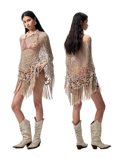 Cut Out Fringed Knitted Crochet Shawl One Piece Multi Wear Cover Up【s0000012926】