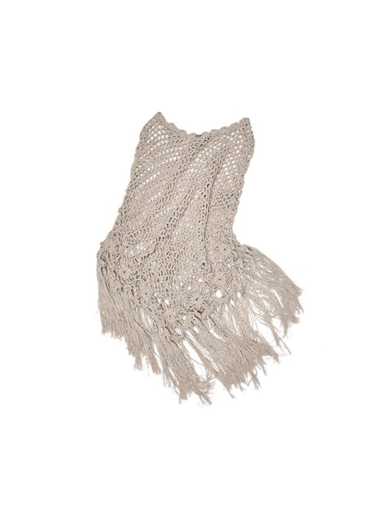 Cut Out Fringed Knitted Crochet Shawl One Piece Multi Wear Cover Up【s0000012926】
