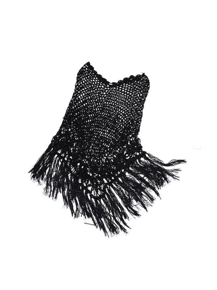 Cut Out Fringed Knitted Crochet Shawl One Piece Multi Wear Cover Up【s0000012926】