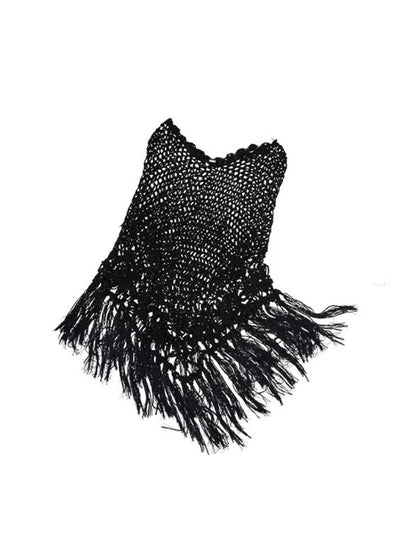 Cut Out Fringed Knitted Crochet Shawl One Piece Multi Wear Cover Up【s0000012926】