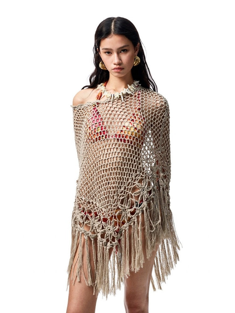 Cut Out Fringed Knitted Crochet Shawl One Piece Multi Wear Cover Up【s0000012926】