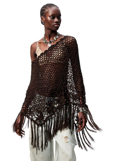 Cut Out Fringed Knitted Crochet Shawl One Piece Multi Wear Cover Up【s0000012926】