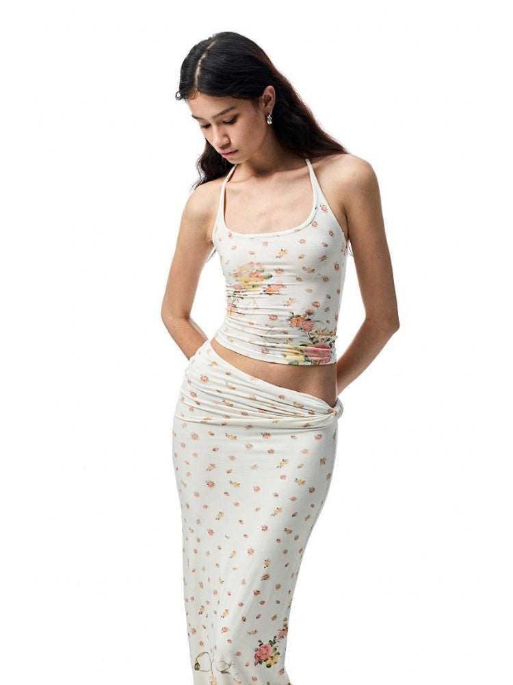 Floral All Over Printed Big Round Neck Knotted Tank Top&Slouchy Maxi Skirt Set【s0000012927】