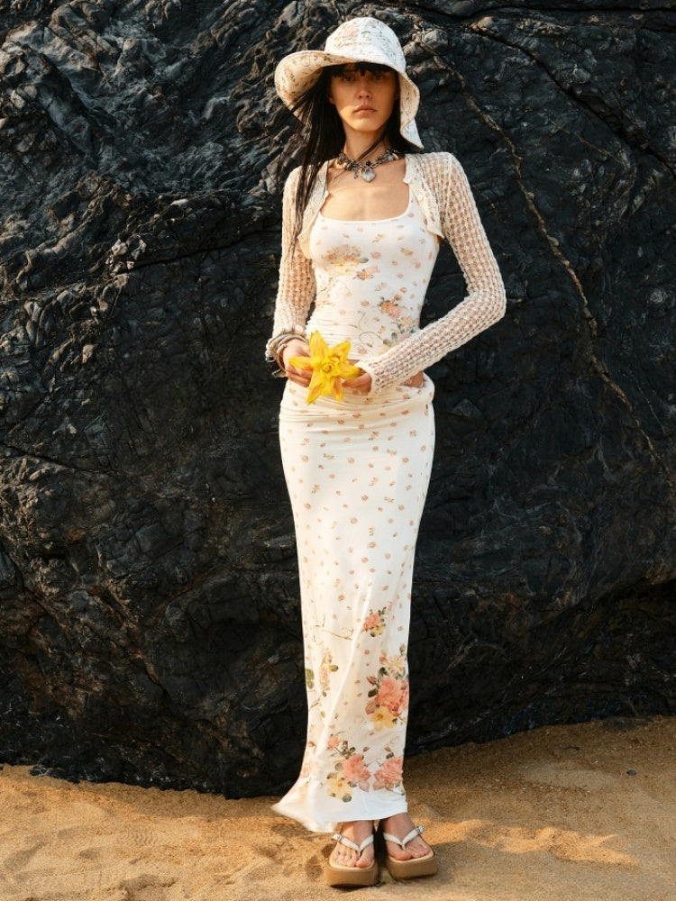 Floral All Over Printed Big Round Neck Knotted Tank Top&Slouchy Maxi Skirt Set【s0000012927】