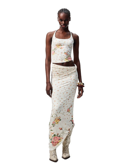 Floral All Over Printed Big Round Neck Knotted Tank Top&Slouchy Maxi Skirt Set【s0000012927】