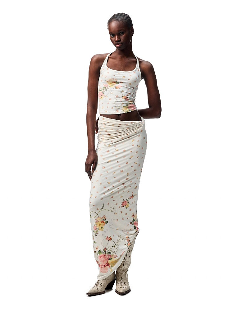 Floral All Over Printed Big Round Neck Knotted Tank Top&Slouchy Maxi Skirt Set【s0000012927】