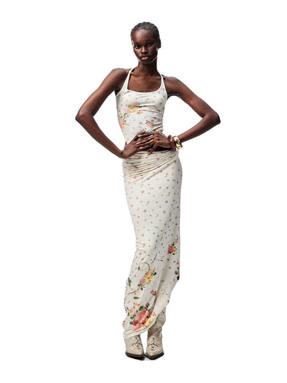 Floral All Over Printed Big Round Neck Knotted Tank Top&Slouchy Maxi Skirt Set【s0000012927】