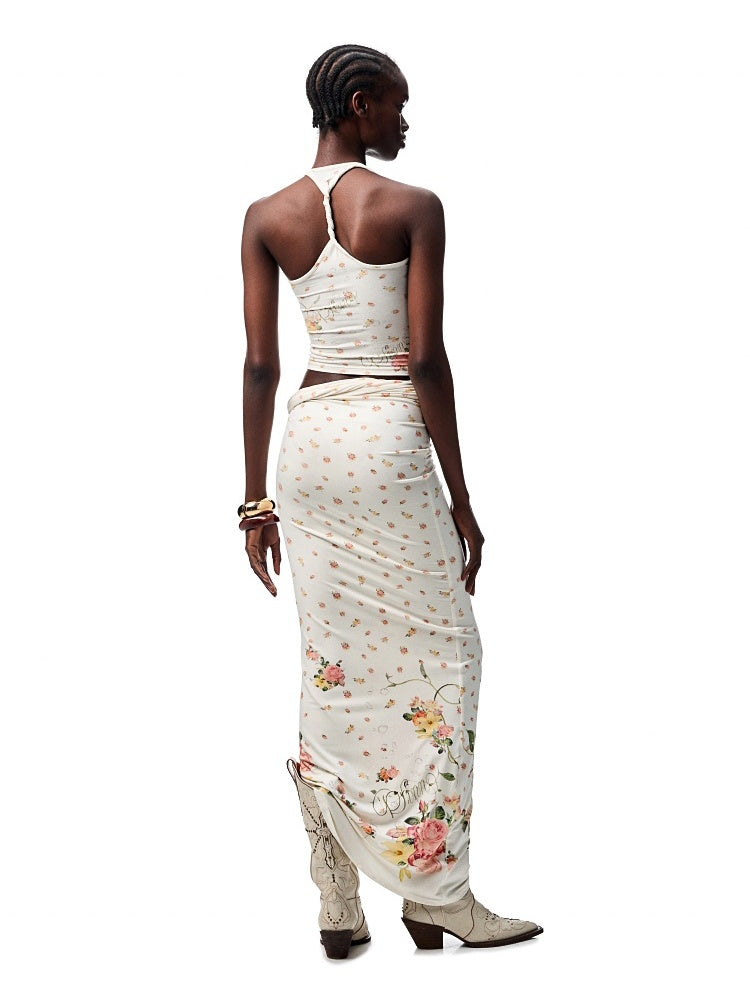 Floral All Over Printed Big Round Neck Knotted Tank Top&Slouchy Maxi Skirt Set【s0000012927】