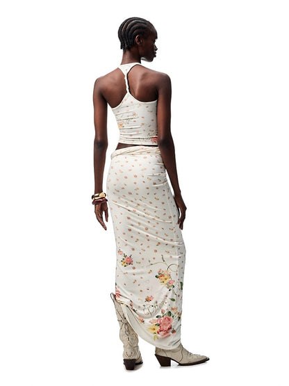 Floral All Over Printed Big Round Neck Knotted Tank Top&Slouchy Maxi Skirt Set【s0000012927】