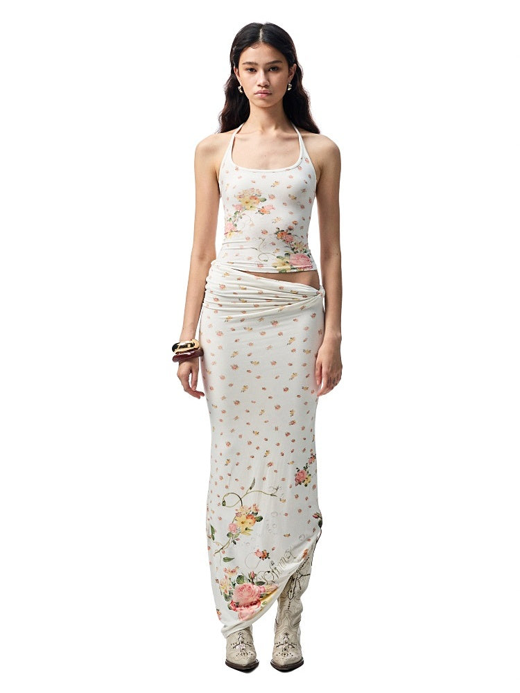 Floral All Over Printed Big Round Neck Knotted Tank Top&Slouchy Maxi Skirt Set【s0000012927】