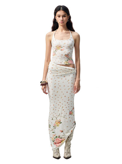 Floral All Over Printed Big Round Neck Knotted Tank Top&Slouchy Maxi Skirt Set【s0000012927】